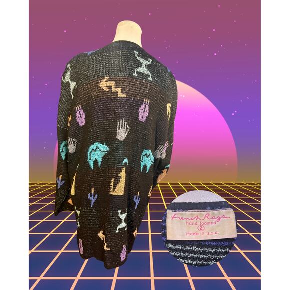 Vintage 80s French Rags 2 Black Pastel Southwestern Figures Cardi Sweater XL - Picture 2 of 3